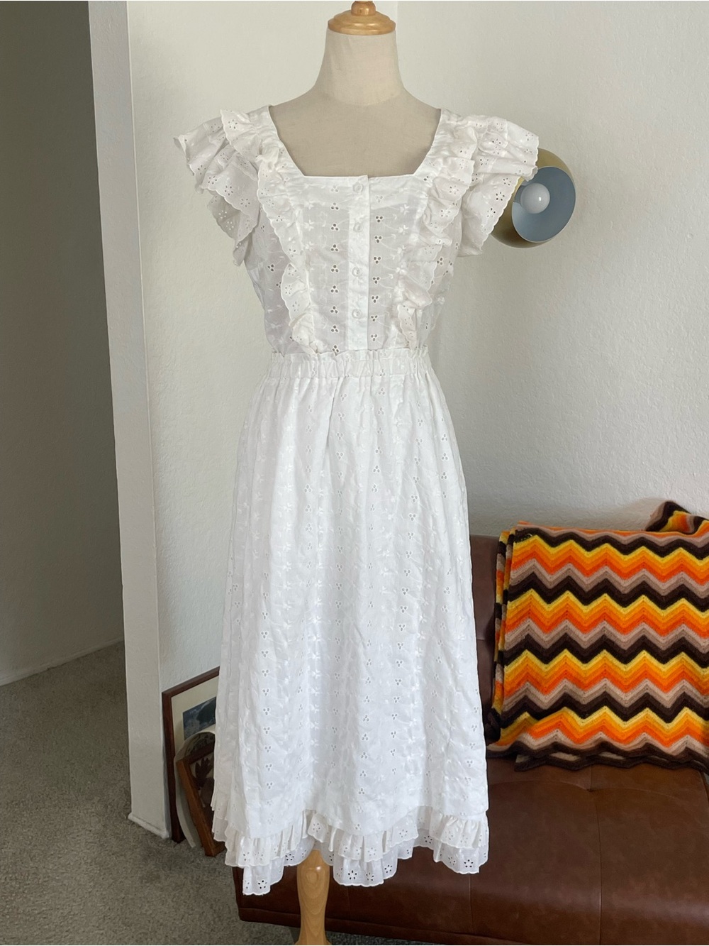 Vintage 1960s Boho Lilly Pulitzer Eyelet Ruffle 2-Piece Blouse Skirt Set